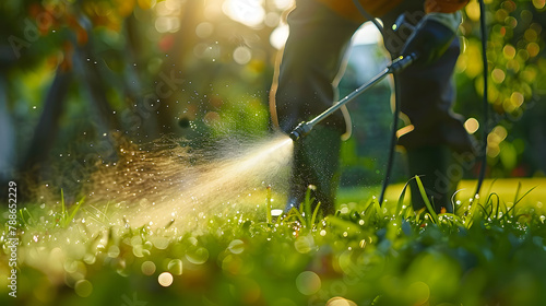 Worker spraying pesticide on a green lawn outdoors for pest control: A close-up view. Concept Pesticide Application, Pest Control, Green Lawn, Close-up Shot, Outdoors