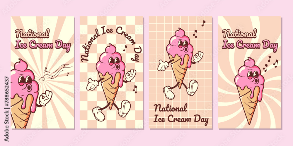 National Ice Cream Day in Retro Style Set stories. Vector illustration with groovy mascot