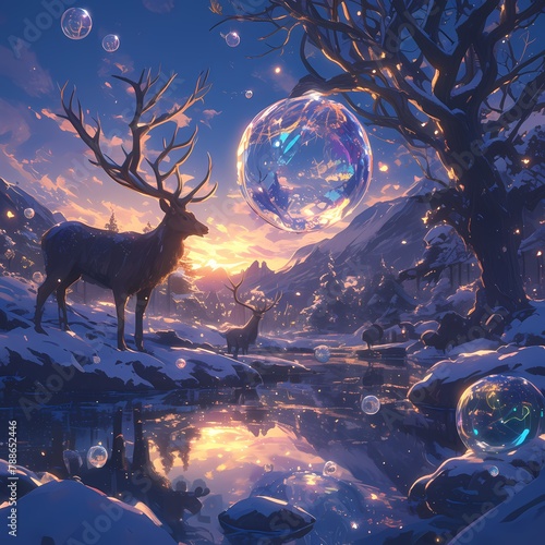 Majestic forest dawn scene featuring a deer in the foreground and enchanting floating orbs.