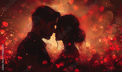 True love, silhouette of a couple among petals, magic lights and hearts, the concept of true love photo