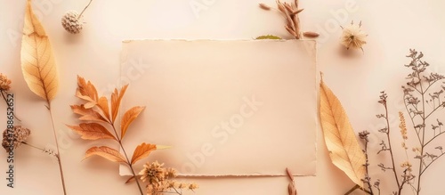 Autumn arrangement with a blank paper, dried flowers, and leaves set against a pastel beige backdrop. Depicting the essence of autumn and fall.