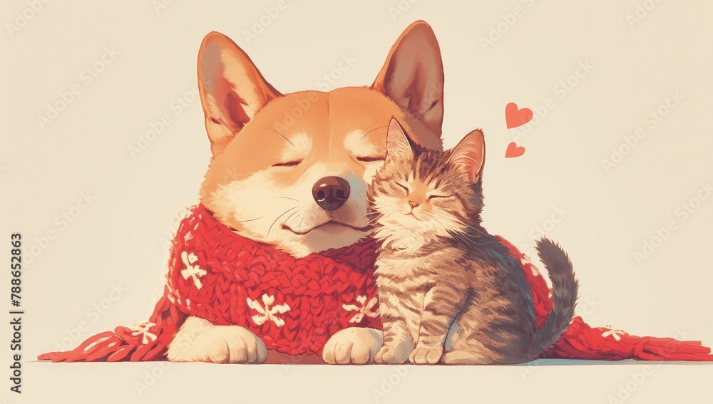 Fototapeta premium A cute dog and cat cuddle together, holding a red heart-shaped knitted blanket between them. 
