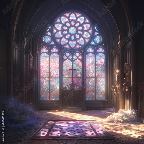 Glimmering Sacred Space  Majestic Gothic Cathedral with Ornate Stained Glass Window