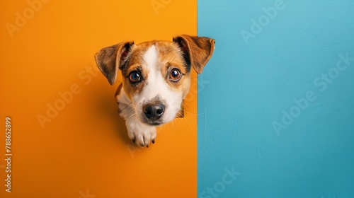 Curious Jack Russell Terrier dog peeks around a blue corner, contrasting with an orange background