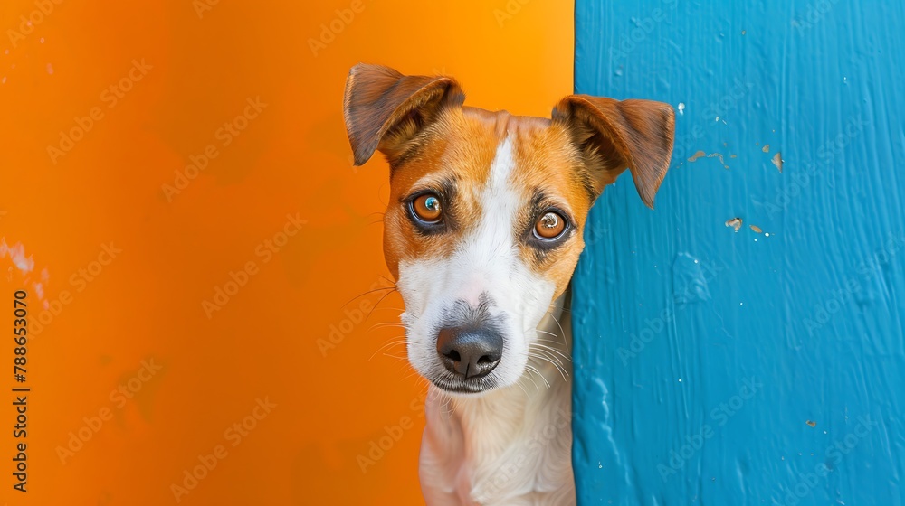Curious Jack Russell Terrier dog peeks around a blue corner, contrasting with an orange background Curious Jack Russell Terrier dog peeks around a blue corner, contrasting with an orange background