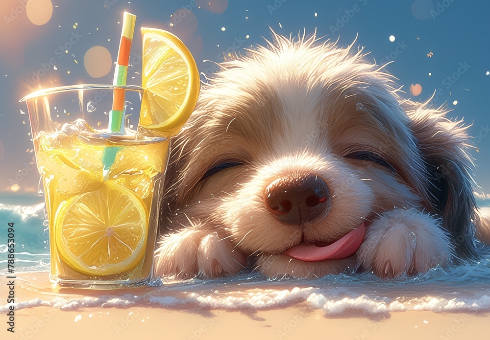 Fototapeta premium A cute dog wearing sunglasses and holding an ice drink is lying on the beach, with its tongue hanging out under bright sunlight. 
