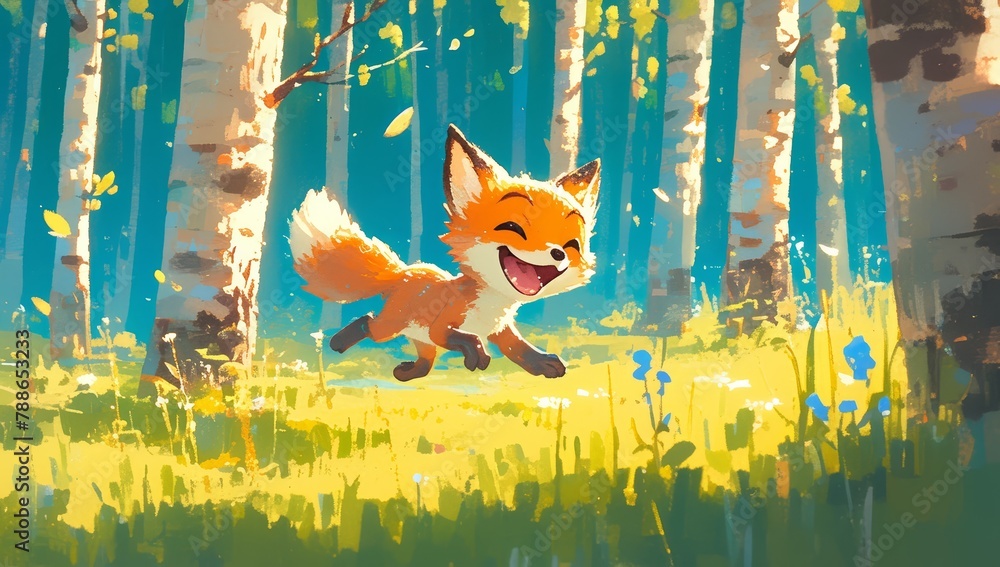 Fototapeta premium A cute fox is running through the forest, surrounded by sunlight filtering through trees. The fox is smiling with its tongue out as it plays in the splendor of spring. 