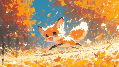 A cute fox playfully chasing leaves in the park, bathed in the style of golden sunlight photo