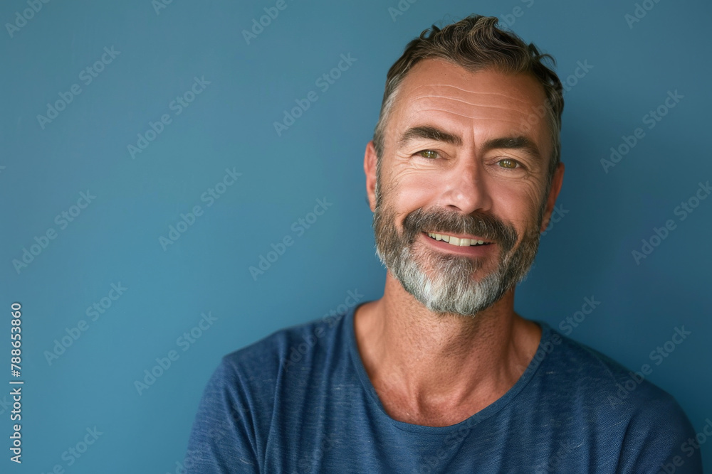 A man with a beard is smiling in front of a blue wall A man with a beard is smiling in front of a blue wall