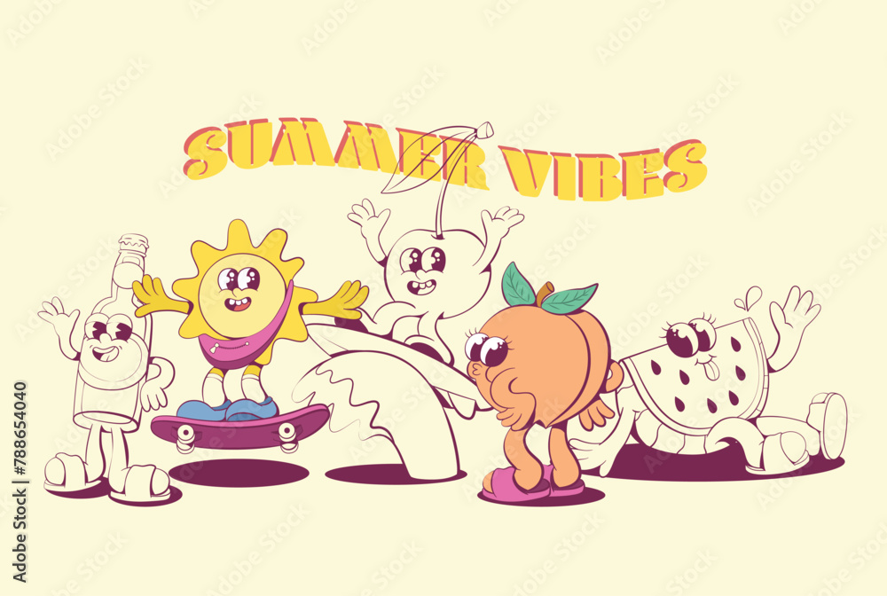 Retro groovy summer mascot characters Retro groovy summer mascot characters