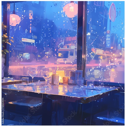 Melancholic Atmosphere at an Empty Restaurant with Shattered Glass and Raining Outside