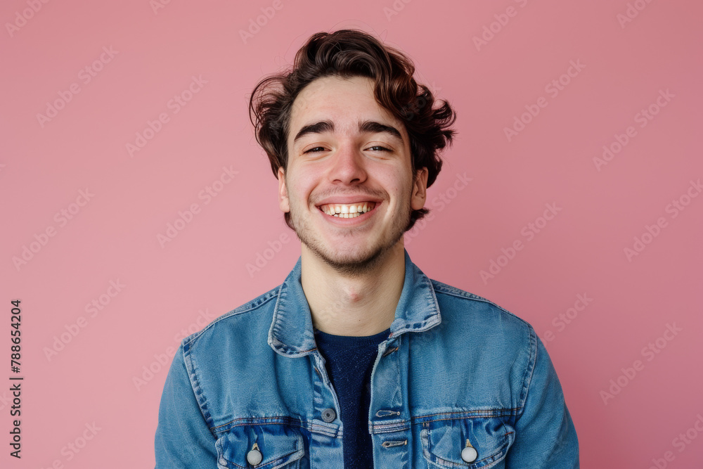 A young man wearing a denim jacket is smiling against a pink background A young man wearing a denim jacket is smiling against a pink background