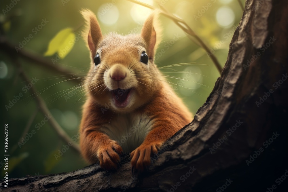 Obraz premium Furry Curious squirrel branch nut. Tree animal. Generate Ai