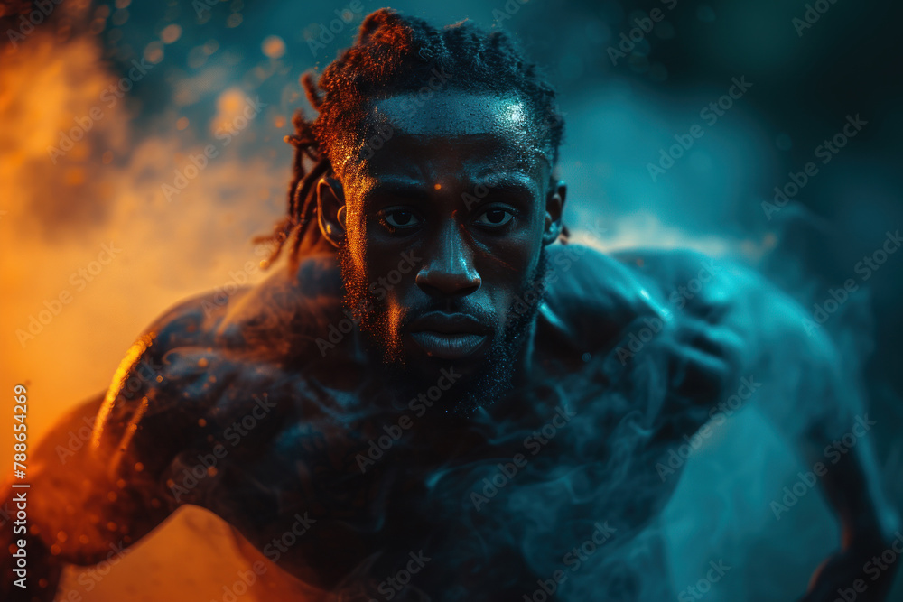 Athlete powering through a high-intensity workout under dramatic lighting Athlete powering through a high-intensity workout under dramatic lighting