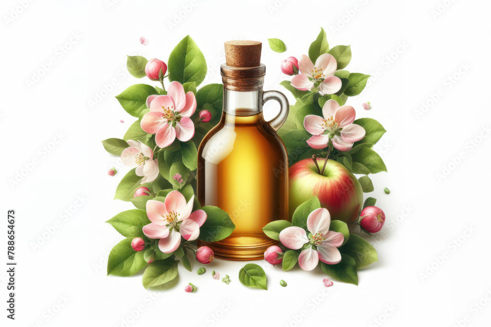 Glass bottle of organic apple cider vinegar with apple trees in bloom isolated on white background Glass bottle of organic apple cider vinegar with apple trees in bloom isolated on white background