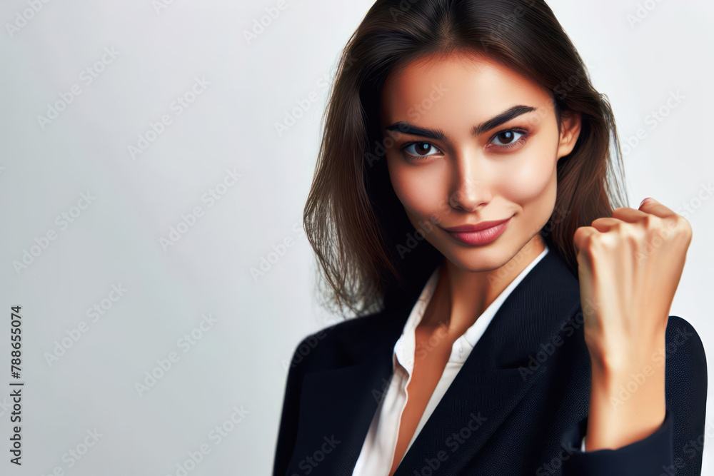 woman professional exemplifies a winning attitude through her clenched fist gesture isolated on white background woman professional exemplifies a winning attitude through her clenched fist gesture isolated on white background