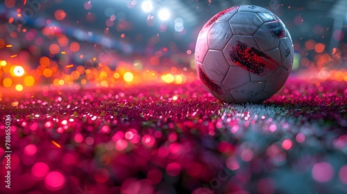 anticipation of the game with a player and football on the vibrant magenta pitch of a stadium  portrayed in high resolution cinematic photography against a bold fuchsia background.