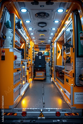 Inside of ambulance with lights on