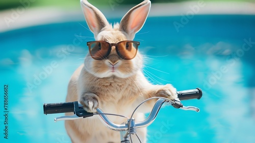 cute bunny rabbit riding a bike by the pool for summer in googles