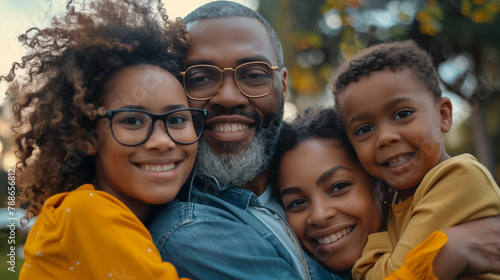 copy space, stockphoto, Happy multigenerational family of four smiling at the camera, with father and mother holding young children aged around five or six with curly hair. The grandpa is older than d © Dirk