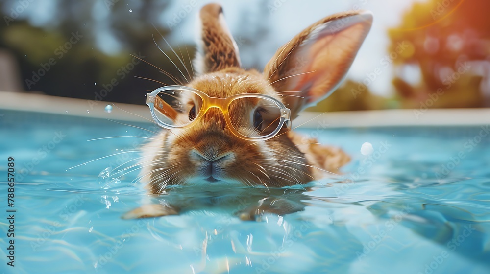 cute bunny rabbit swiming by the pool for summer in googles - obrazy, fototapety, plakaty 