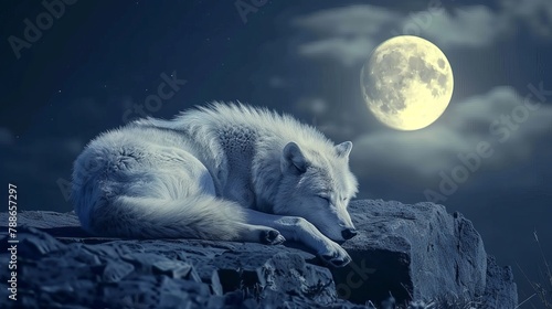 Arctic wolf sleeps at night on a hill in the moonlight, Canis lupus arctos, Polar wolf or white wolf