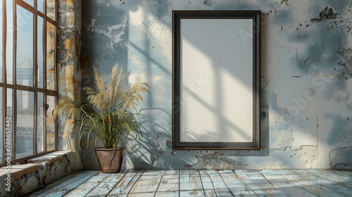 A blank horizontal picture frame stands on a white concrete wall and rests on a vintage floor
