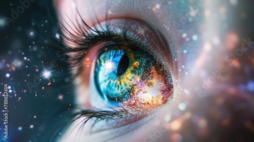 Eye with universe in the background and galaxy in the iris