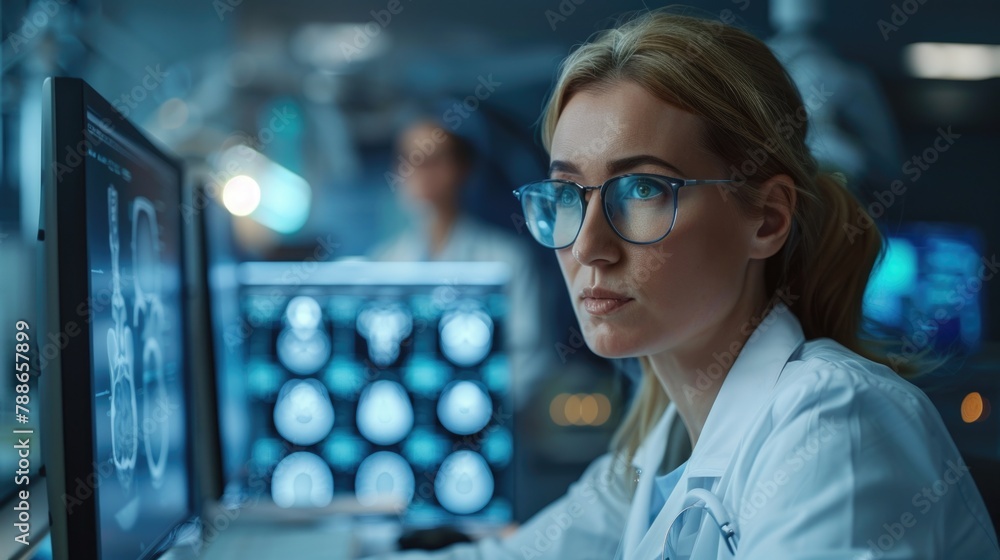 Female Radiologist Examining MRI Scans in Modern Clinic Female Radiologist Examining MRI Scans in Modern Clinic