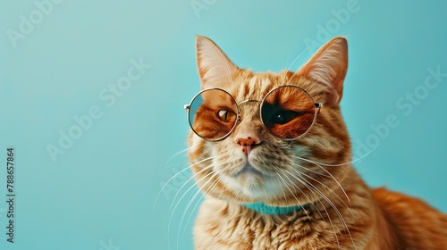 Closeup portrait of funny ginger cat wearing sunglasses isolated on light cyan. Copyspace