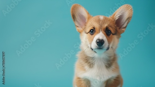 Cute corgi puppy on the blue background