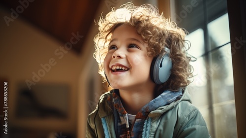 Smiling Child Enjoying Music with Blue Headphones Indoors
