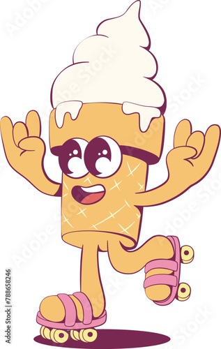 Retro groovy ice-cream mascot character