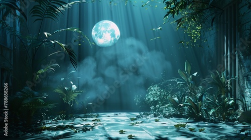 Moonlit Jungle Capture the beauty of a junglethemed room illuminated by moonlight, with shadows of leaves and animals dancing on the walls, creating a magical and serene ambiance 8K , high-resolution, photo