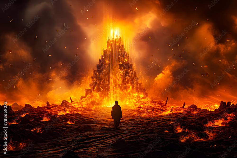 The background is of people walking amidst flames, a picture of the end of the world and the earth being destroyed and uninhabitable