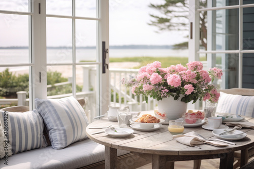Seaside Cottage Dining, Ocean Breeze, Pastel Floral Centerpiece with Oceanfront View