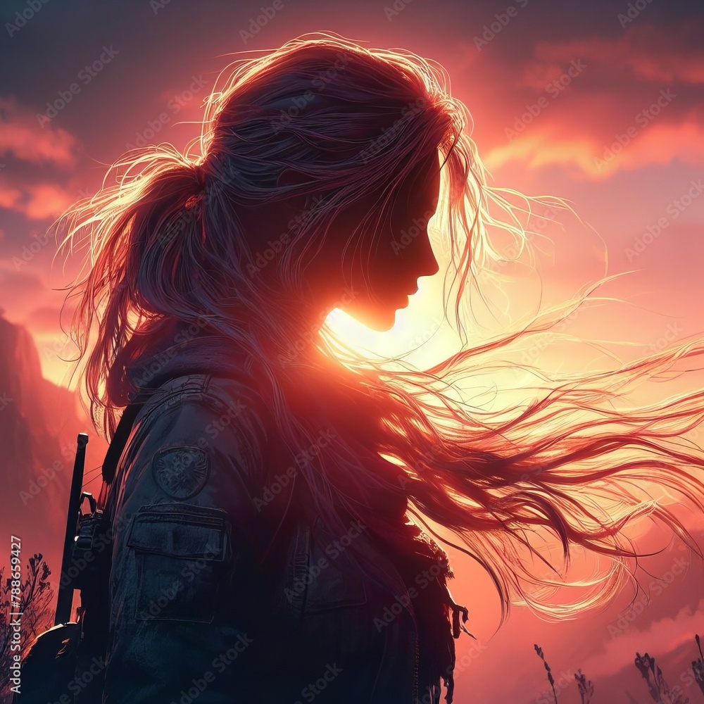 Silhouetted Warriors Standing Against Majestic Sunset in a Breathtaking Fantasy Landscape Adventure