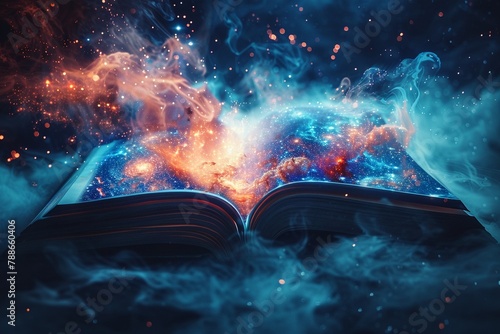 Story of Creation Illustrate a book with pages that transform into a swirling galaxy, with stars and planets forming from the words on the page, symbolizing the universe coming into being through the 