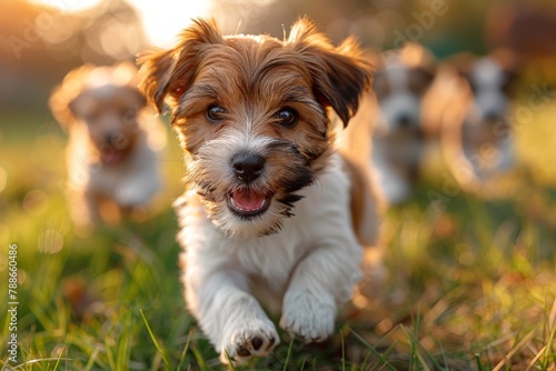 Small brown and white dog running in grass