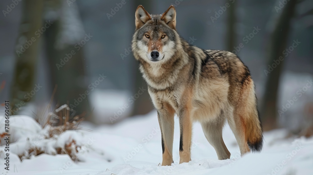 Obraz premium Gray wolf, wolf standing in the snow, captive, Bavaria, Germany, Europe