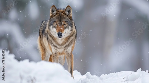 Gray wolf, wolf standing in the snow, captive, Bavaria, Germany, Europe photo