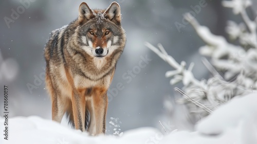 Gray wolf, wolf standing in the snow, captive, Bavaria, Germany, Europe photo