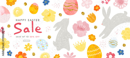 Happy Easter Sale, banner with cute bunnies, flowers and eggs. Vector illustration with hand drawn design elements, doodles