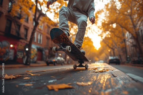 Skateboarder riding through city streets © yuliachupina