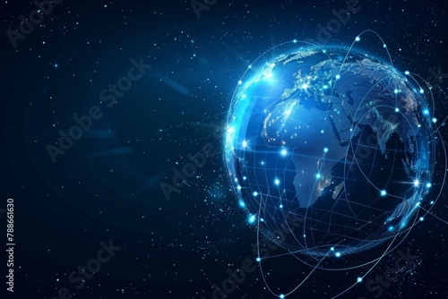 Abstract global network concept with blue glowing world map, data transfer and cyber technology background Earth's globe made up of lines representing international communication Generative AI