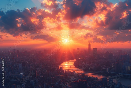 Setting sun over london cityscape