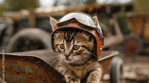 Cute Scottish cat in aviator helmet on the background of wheelbarrows