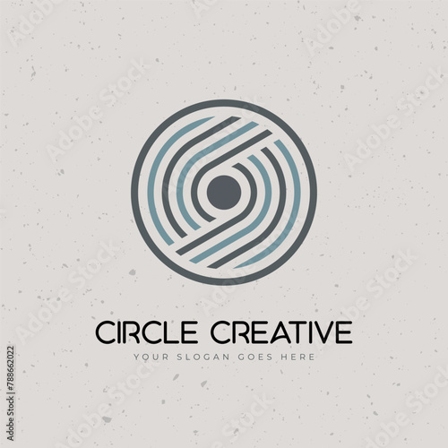 Circle lines creative unique logo concept with dot in the middle. Stock vector illustration isolated on white background.