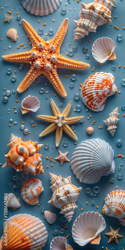 Various Sea Shells and Starfish on a Blue Background Create A Marine-Themed Composition. Ideal for Wallpaper  Social Media