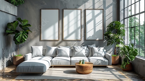 The poster frame is mocked up in a modern interior background  living room  Scandinavian style  and is 3D rendered in 3D.